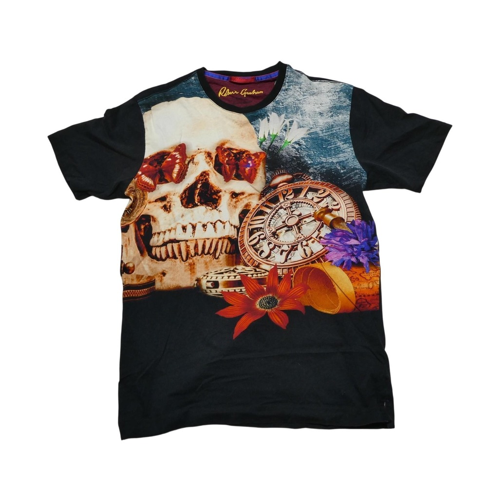 Robert Graham Shirt Mens Small Black Skull Floral Clock Graphic Allover Tee